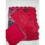 Premium Crimson Red Floral Embroidered Lawn 3 Pc Suit - Unstitched Summer Outfit with Cutwork Scallop Dupatta & Abstract Ikat Hemline