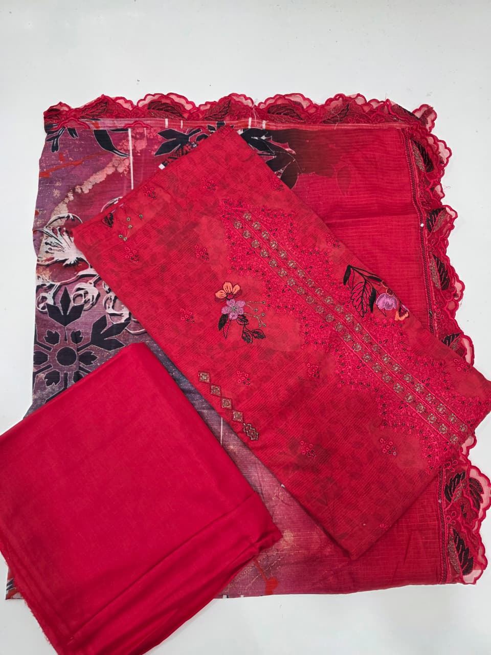 Premium Crimson Red Floral Embroidered Lawn 3 Pc Suit - Unstitched Summer Outfit with Cutwork Scallop Dupatta & Abstract Ikat Hemline