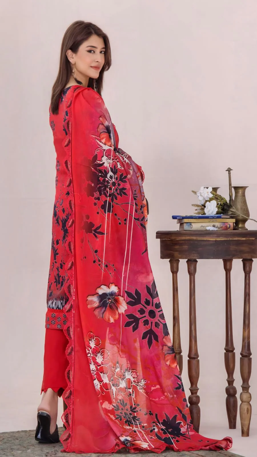 Premium Crimson Red Floral Embroidered Lawn 3 Pc Suit - Unstitched Summer Outfit with Cutwork Scallop Dupatta & Abstract Ikat Hemline