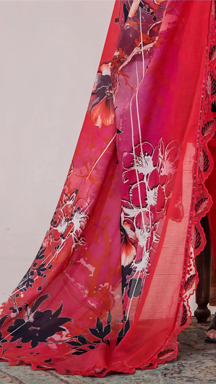 Premium Crimson Red Floral Embroidered Lawn 3 Pc Suit - Unstitched Summer Outfit with Cutwork Scallop Dupatta & Abstract Ikat Hemline