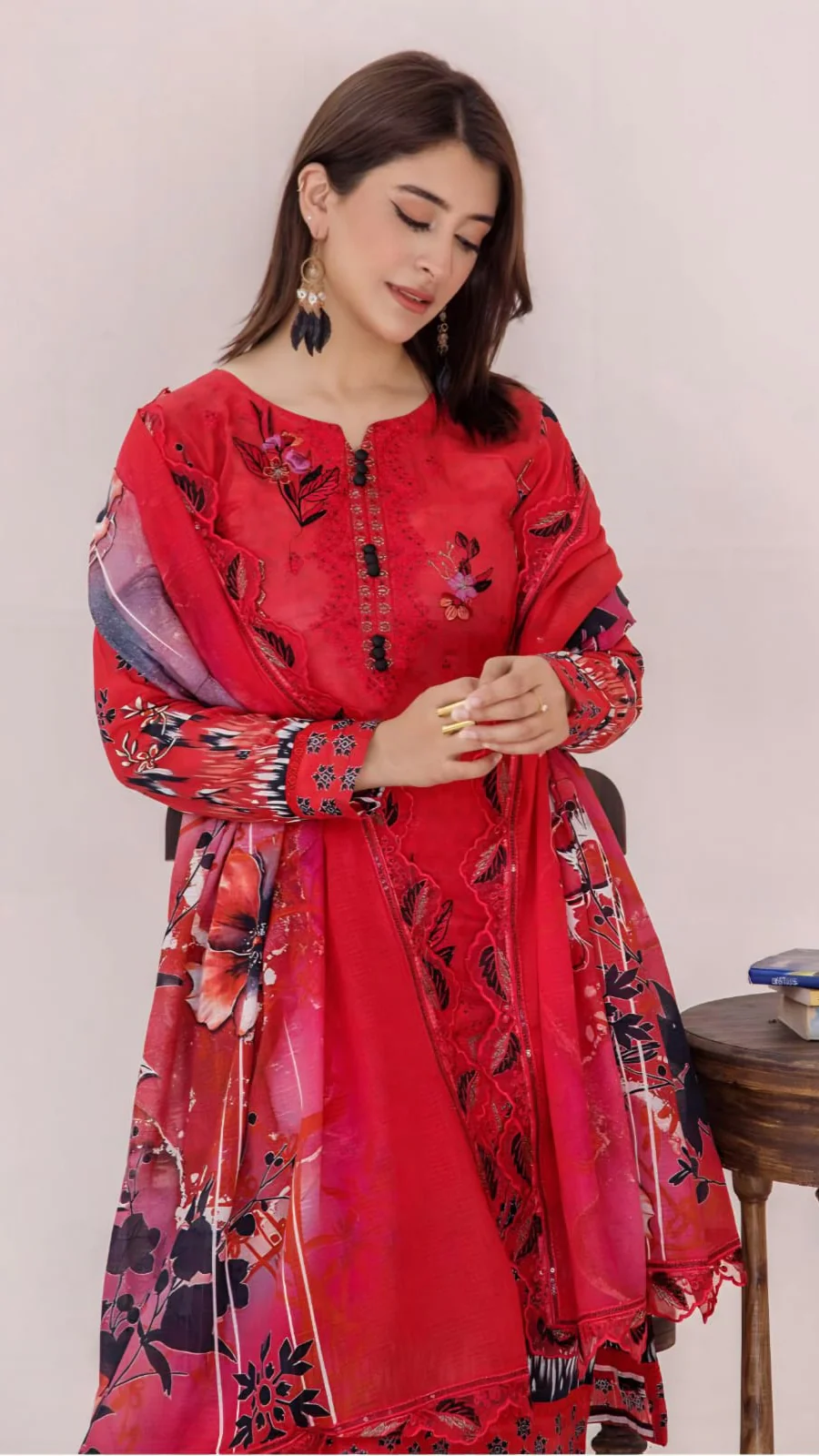 Premium Crimson Red Floral Embroidered Lawn 3 Pc Suit - Unstitched Summer Outfit with Cutwork Scallop Dupatta & Abstract Ikat Hemline