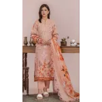 Premium Peach Coral Embroidered Lawn 3 Pc Suit - Unstitched Festive Summer Dress with Scalloped Leaf Cutwork Dupatta & Victorian Prints