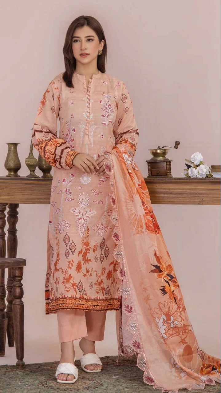 Premium Peach Coral Embroidered Lawn 3 Pc Suit - Unstitched Festive Summer Dress with Scalloped Leaf Cutwork Dupatta & Victorian Prints