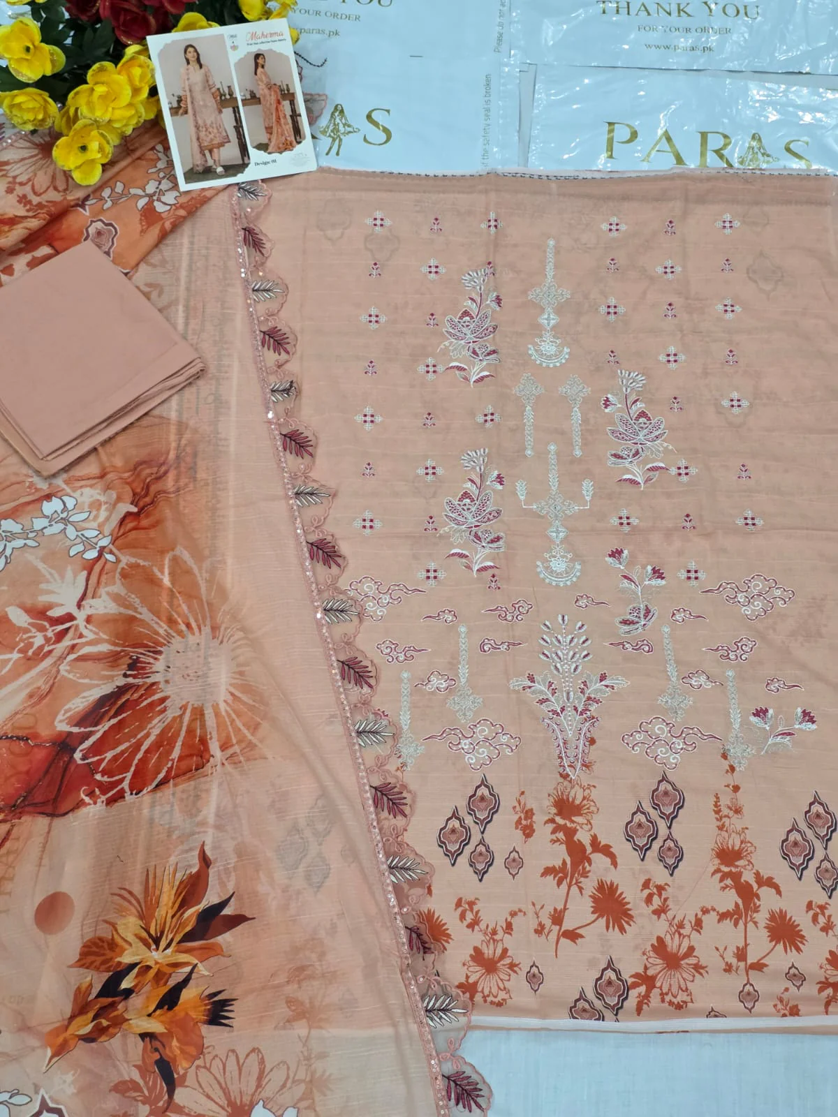 Premium Peach Coral Embroidered Lawn 3 Pc Suit - Unstitched Festive Summer Dress with Scalloped Leaf Cutwork Dupatta & Victorian Prints