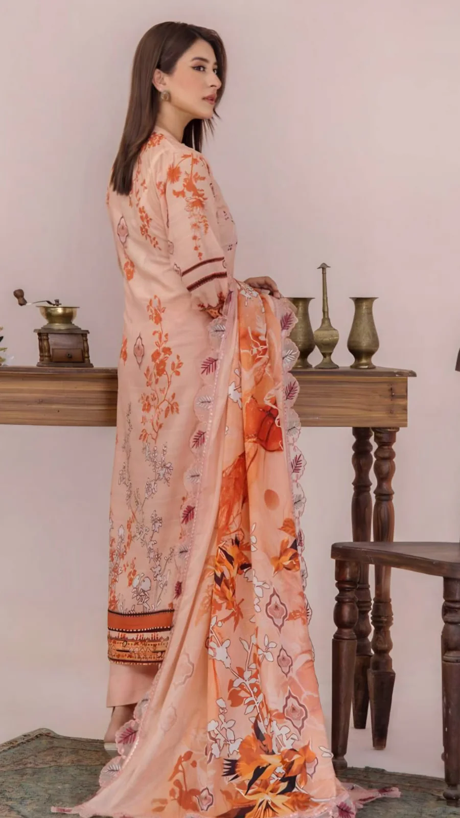Premium Peach Coral Embroidered Lawn 3 Pc Suit - Unstitched Festive Summer Dress with Scalloped Leaf Cutwork Dupatta & Victorian Prints