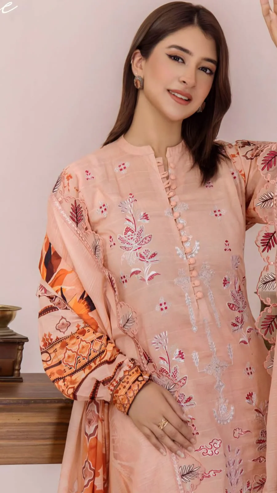 Premium Peach Coral Embroidered Lawn 3 Pc Suit - Unstitched Festive Summer Dress with Scalloped Leaf Cutwork Dupatta & Victorian Prints