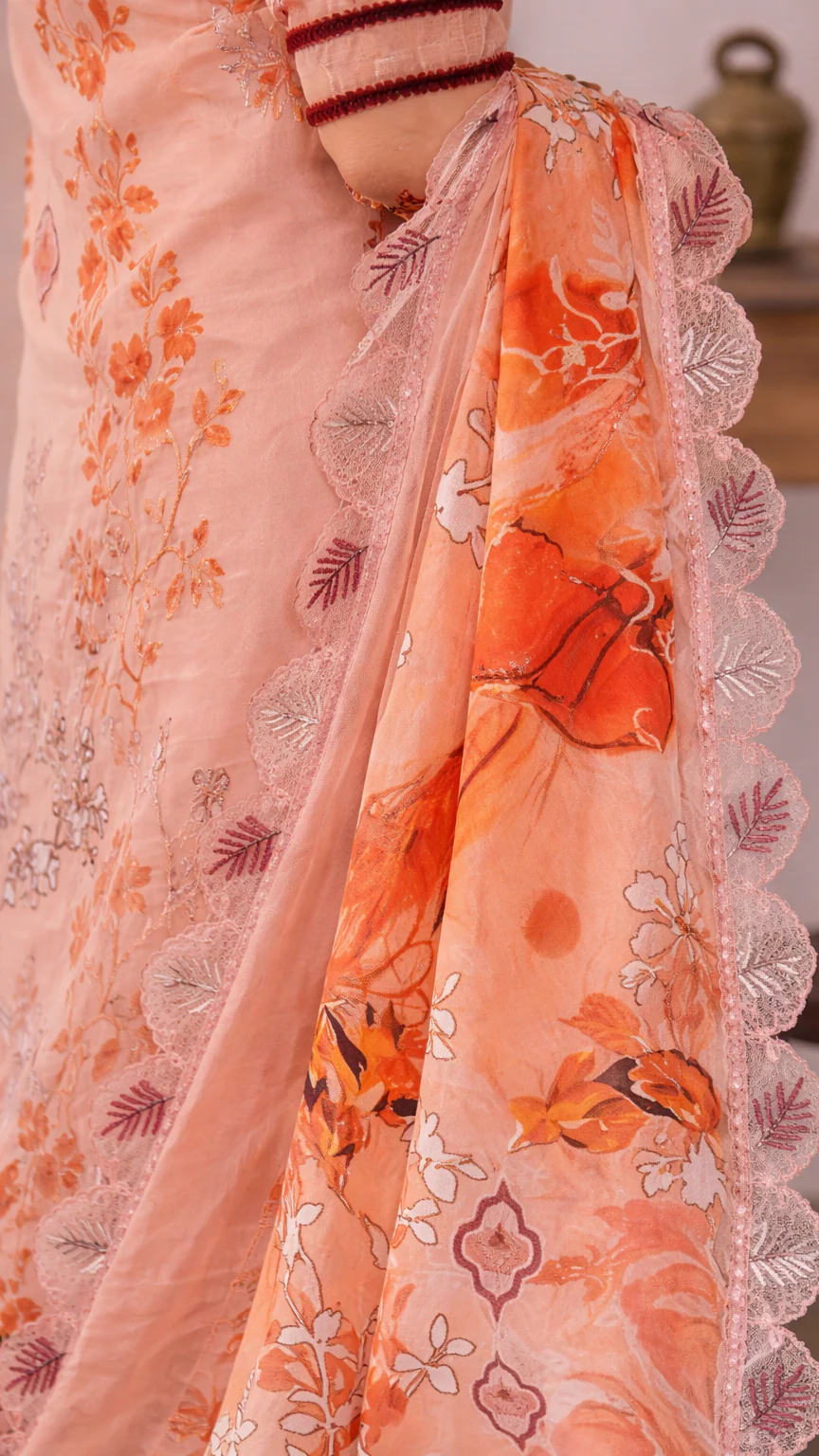 Premium Peach Coral Embroidered Lawn 3 Pc Suit - Unstitched Festive Summer Dress with Scalloped Leaf Cutwork Dupatta & Victorian Prints
