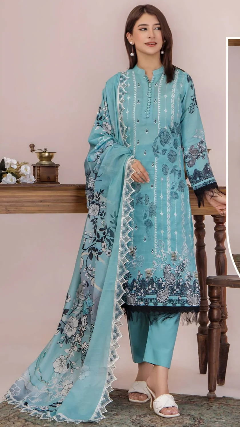 Premium Ferozi Sea Green Embroidered Lawn 3 Pc Suit - Unstitched Summer Dress with Luxury Scalloped Diamond Border Dupatta & Floral Prints