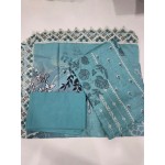 Premium Ferozi Sea Green Embroidered Lawn 3 Pc Suit - Unstitched Summer Dress with Luxury Scalloped Diamond Border Dupatta & Floral Prints
