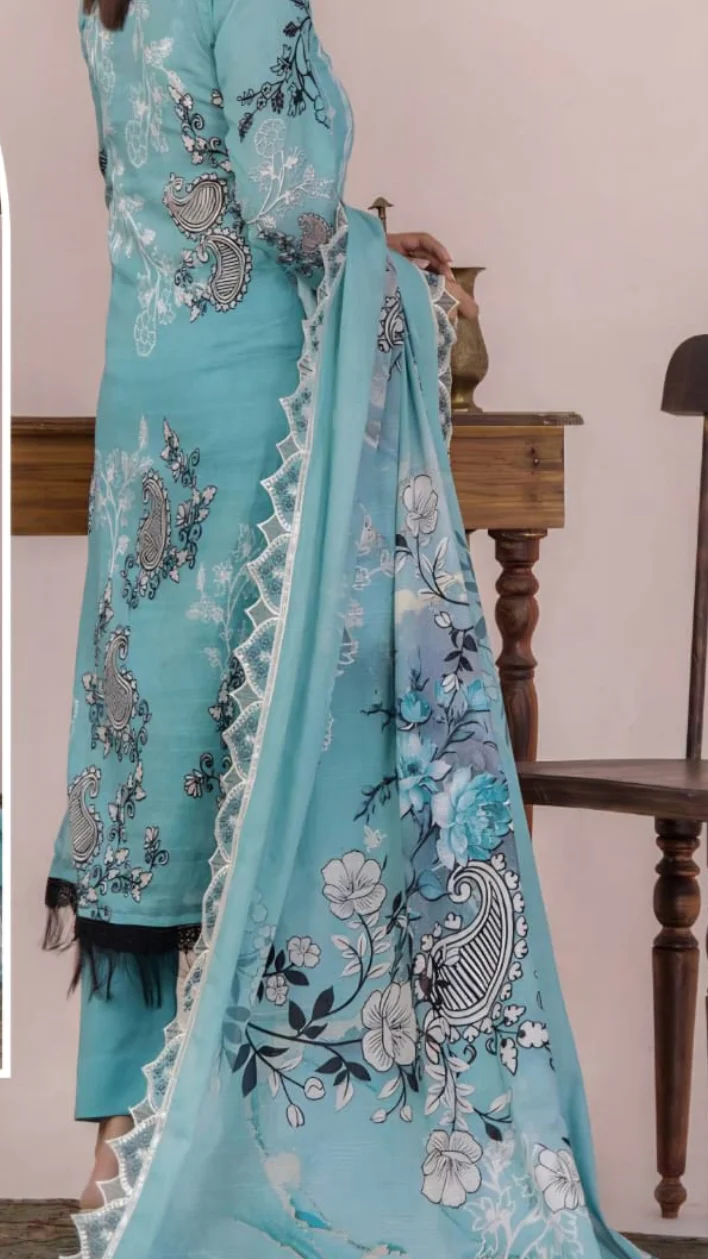 Premium Ferozi Sea Green Embroidered Lawn 3 Pc Suit - Unstitched Summer Dress with Luxury Scalloped Diamond Border Dupatta & Floral Prints