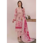 Luxury Rose Pink Unstitched Lawn 3 Piece Suit - Elegant Embroidered Neckline Dress with Magenta Floral Printed Scalloped Border Dupatta