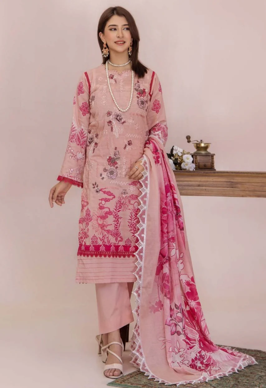 Luxury Rose Pink Unstitched Lawn 3 Piece Suit - Elegant Embroidered Neckline Dress with Magenta Floral Printed Scalloped Border Dupatta