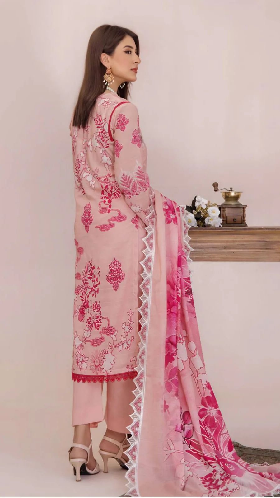Luxury Rose Pink Unstitched Lawn 3 Piece Suit - Elegant Embroidered Neckline Dress with Magenta Floral Printed Scalloped Border Dupatta