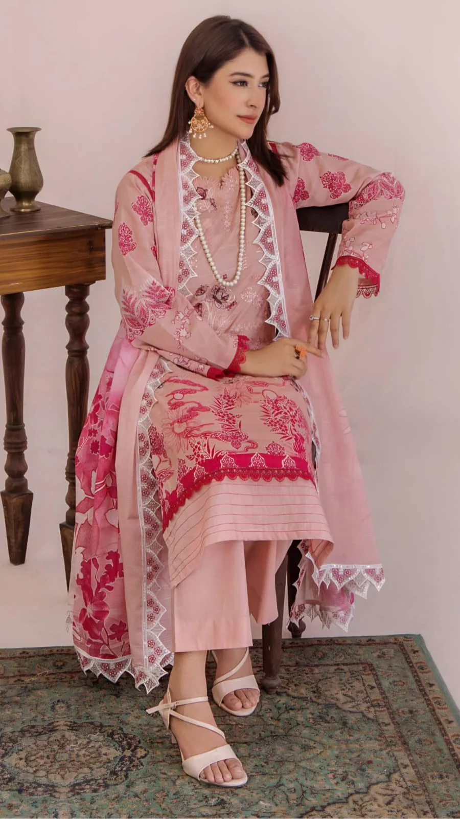 Luxury Rose Pink Unstitched Lawn 3 Piece Suit - Elegant Embroidered Neckline Dress with Magenta Floral Printed Scalloped Border Dupatta