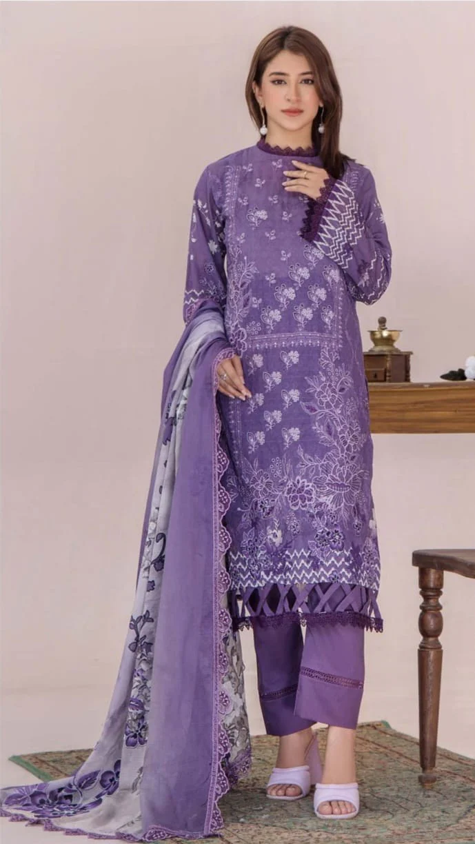 Premium Amethyst Purple Embroidered Lawn 3 Pc Suit - Unstitched Festive Summer Dress with Scalloped Floral Border Voile Ombre Dupatta