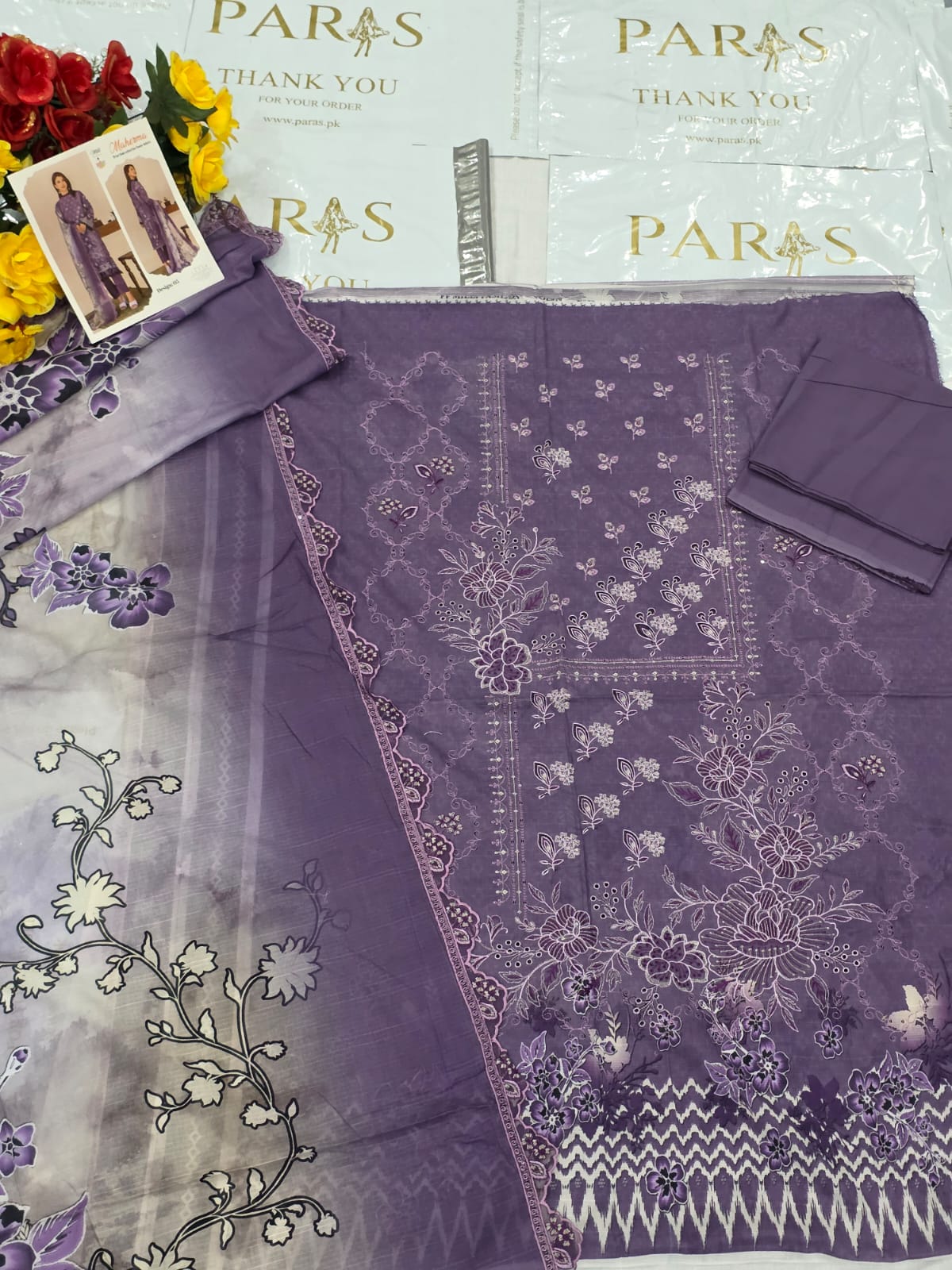 Premium Amethyst Purple Embroidered Lawn 3 Pc Suit - Unstitched Festive Summer Dress with Scalloped Floral Border Voile Ombre Dupatta