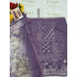 Premium Amethyst Purple Embroidered Lawn 3 Pc Suit - Unstitched Festive Summer Dress with Scalloped Floral Border Voile Ombre Dupatta