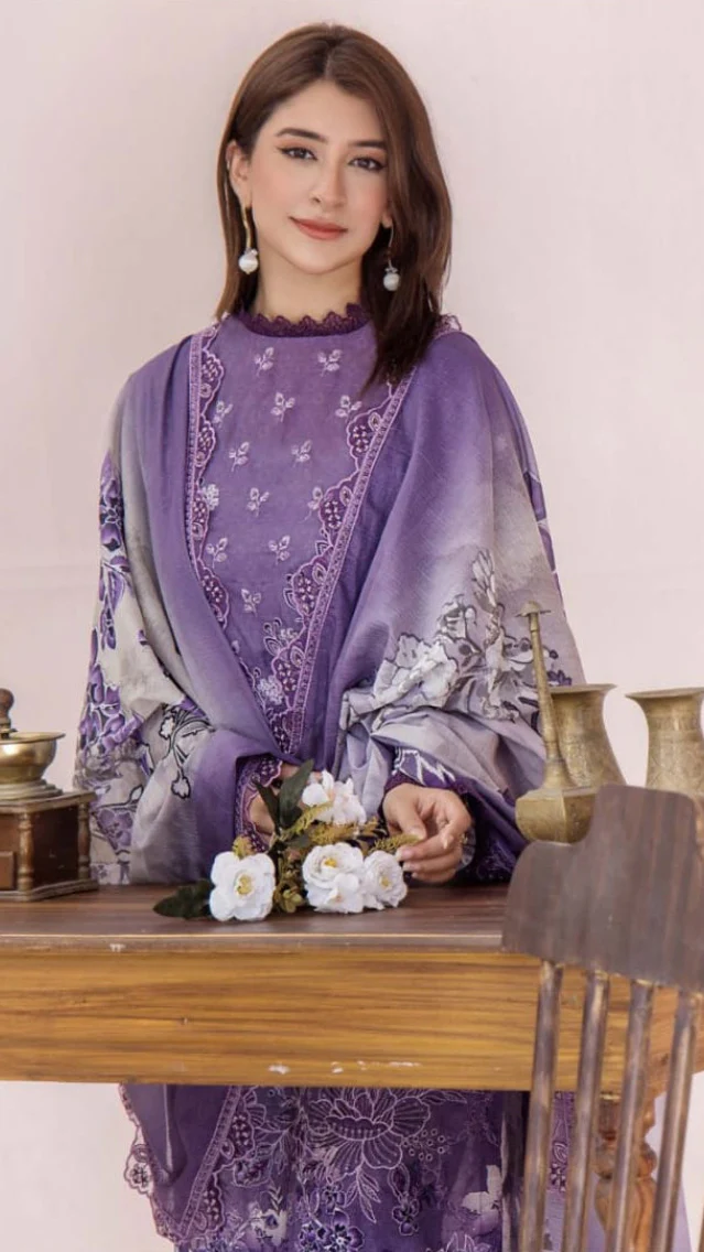 Premium Amethyst Purple Embroidered Lawn 3 Pc Suit - Unstitched Festive Summer Dress with Scalloped Floral Border Voile Ombre Dupatta