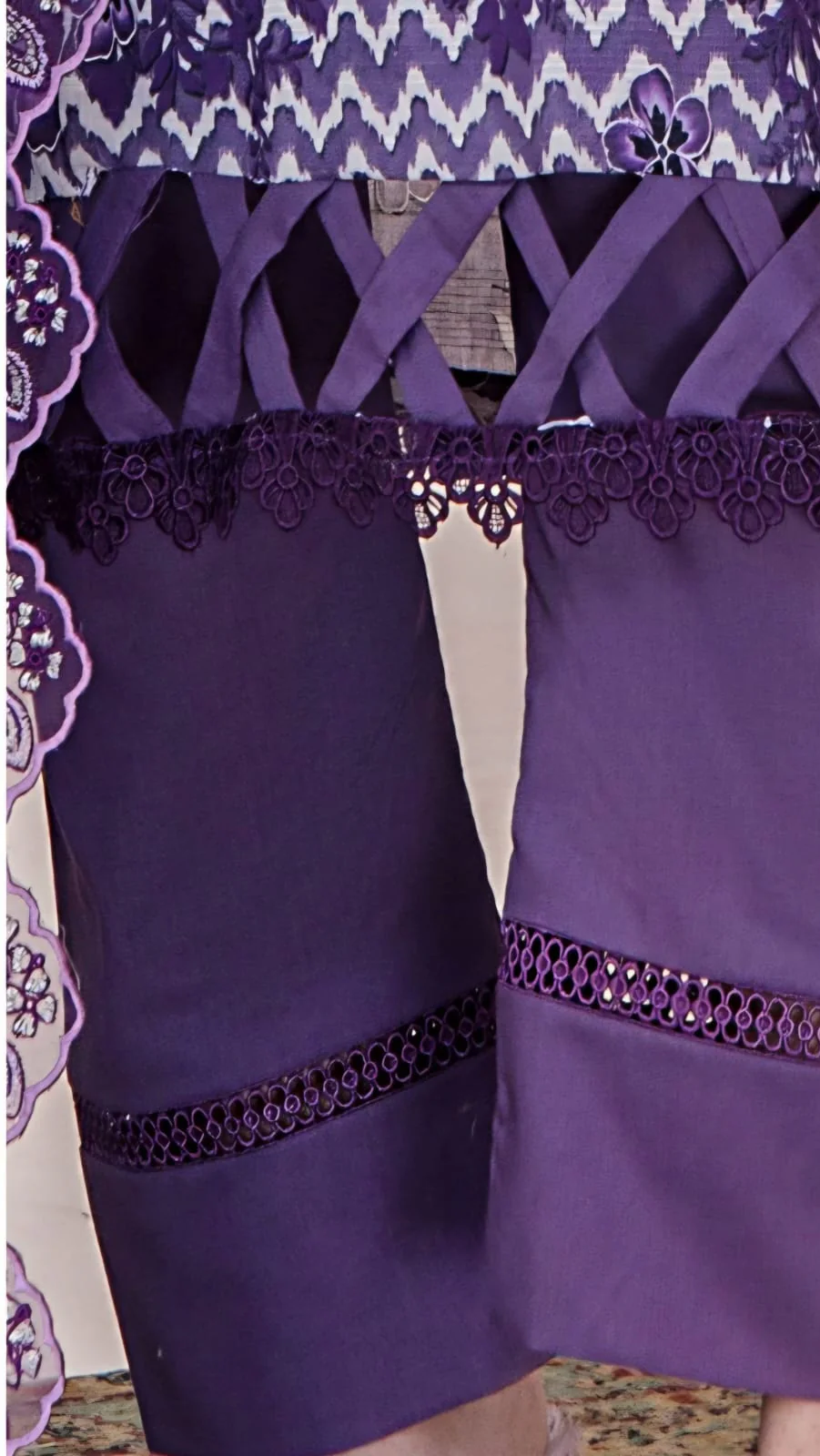 Premium Amethyst Purple Embroidered Lawn 3 Pc Suit - Unstitched Festive Summer Dress with Scalloped Floral Border Voile Ombre Dupatta
