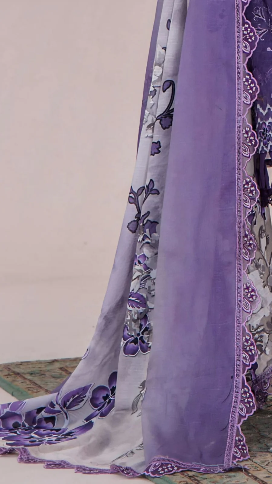 Premium Amethyst Purple Embroidered Lawn 3 Pc Suit - Unstitched Festive Summer Dress with Scalloped Floral Border Voile Ombre Dupatta