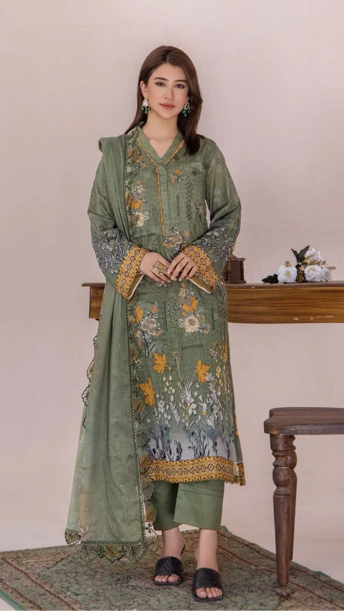 Premium Olive Green Embroidered Lawn 3 Pc Suit - Unstitched Festive Summer Dress with Scalloped Leaf Cutwork Border Dupatta & Mustard Accents