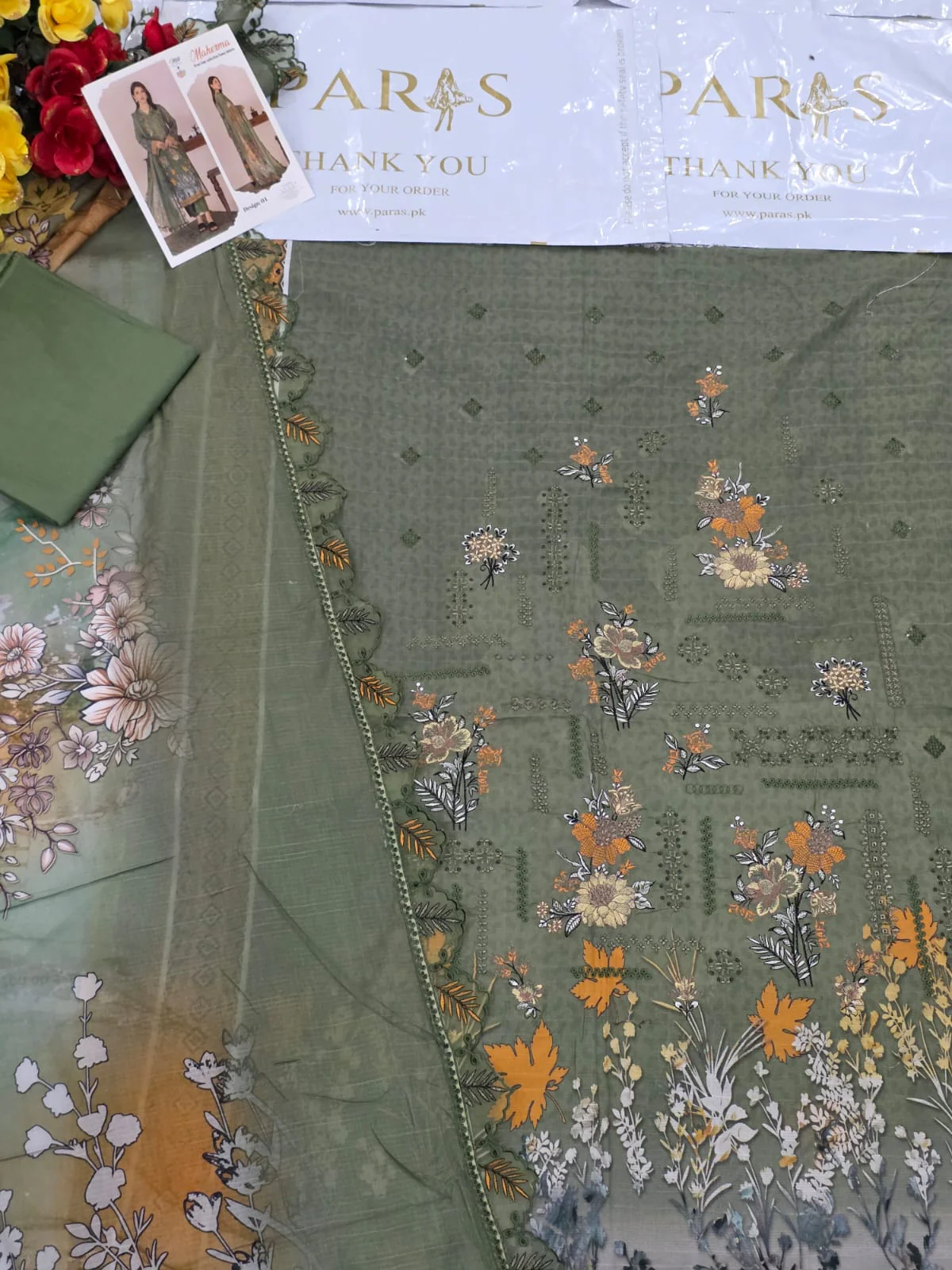 Premium Olive Green Embroidered Lawn 3 Pc Suit - Unstitched Festive Summer Dress with Scalloped Leaf Cutwork Border Dupatta & Mustard Accents