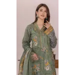 Premium Olive Green Embroidered Lawn 3 Pc Suit - Unstitched Festive Summer Dress with Scalloped Leaf Cutwork Border Dupatta & Mustard Accents