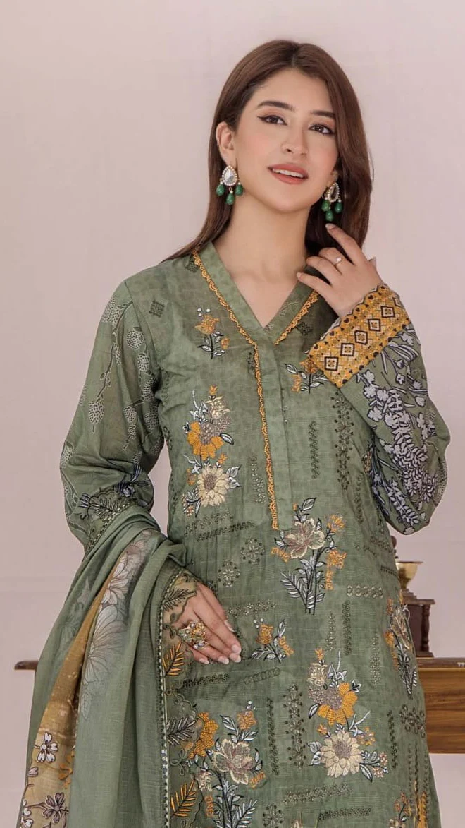 Premium Olive Green Embroidered Lawn 3 Pc Suit - Unstitched Festive Summer Dress with Scalloped Leaf Cutwork Border Dupatta & Mustard Accents