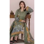 Premium Olive Green Embroidered Lawn 3 Pc Suit - Unstitched Festive Summer Dress with Scalloped Leaf Cutwork Border Dupatta & Mustard Accents
