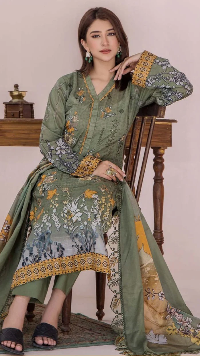 Premium Olive Green Embroidered Lawn 3 Pc Suit - Unstitched Festive Summer Dress with Scalloped Leaf Cutwork Border Dupatta & Mustard Accents