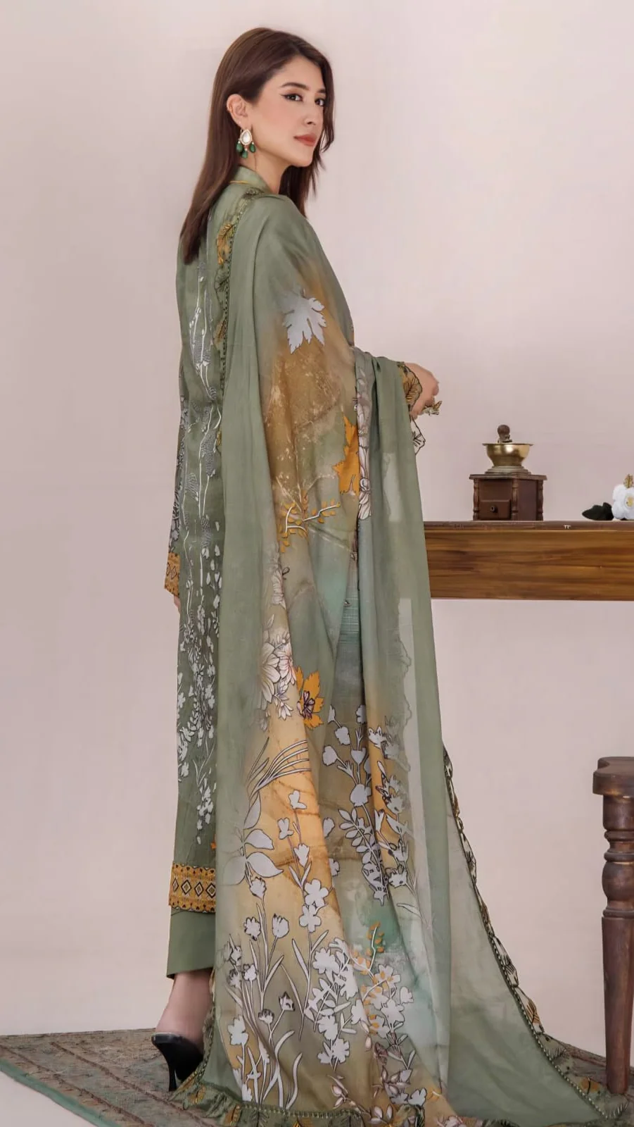 Premium Olive Green Embroidered Lawn 3 Pc Suit - Unstitched Festive Summer Dress with Scalloped Leaf Cutwork Border Dupatta & Mustard Accents