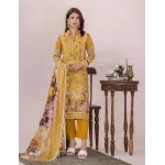 Premium Mustard Yellow Unstitched Lawn 3 Piece Suit - Luxury Embroidered Border Dress with Scalloped Cotton Voile Plum Floral Dupatta