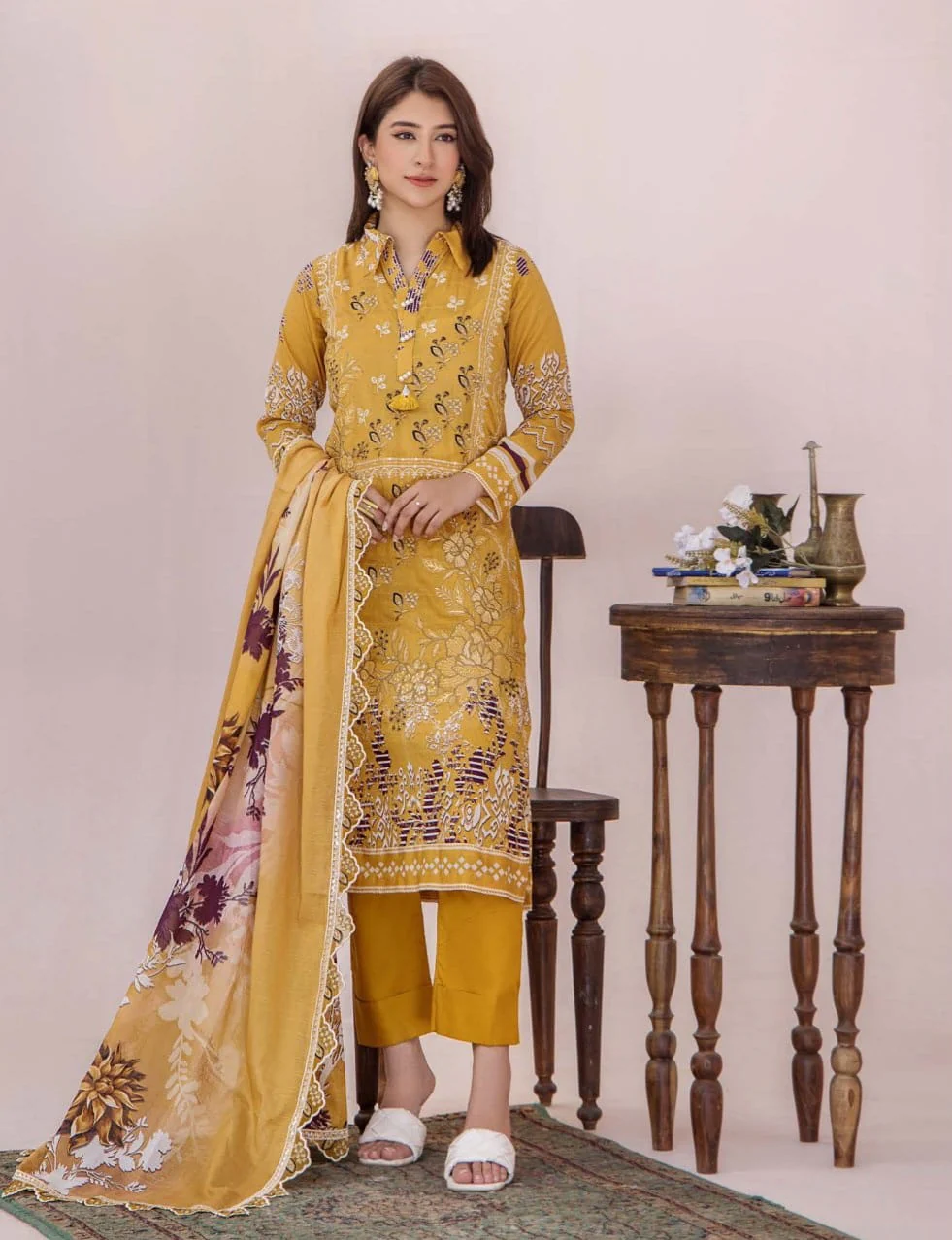 Premium Mustard Yellow Unstitched Lawn 3 Piece Suit - Luxury Embroidered Border Dress with Scalloped Cotton Voile Plum Floral Dupatta