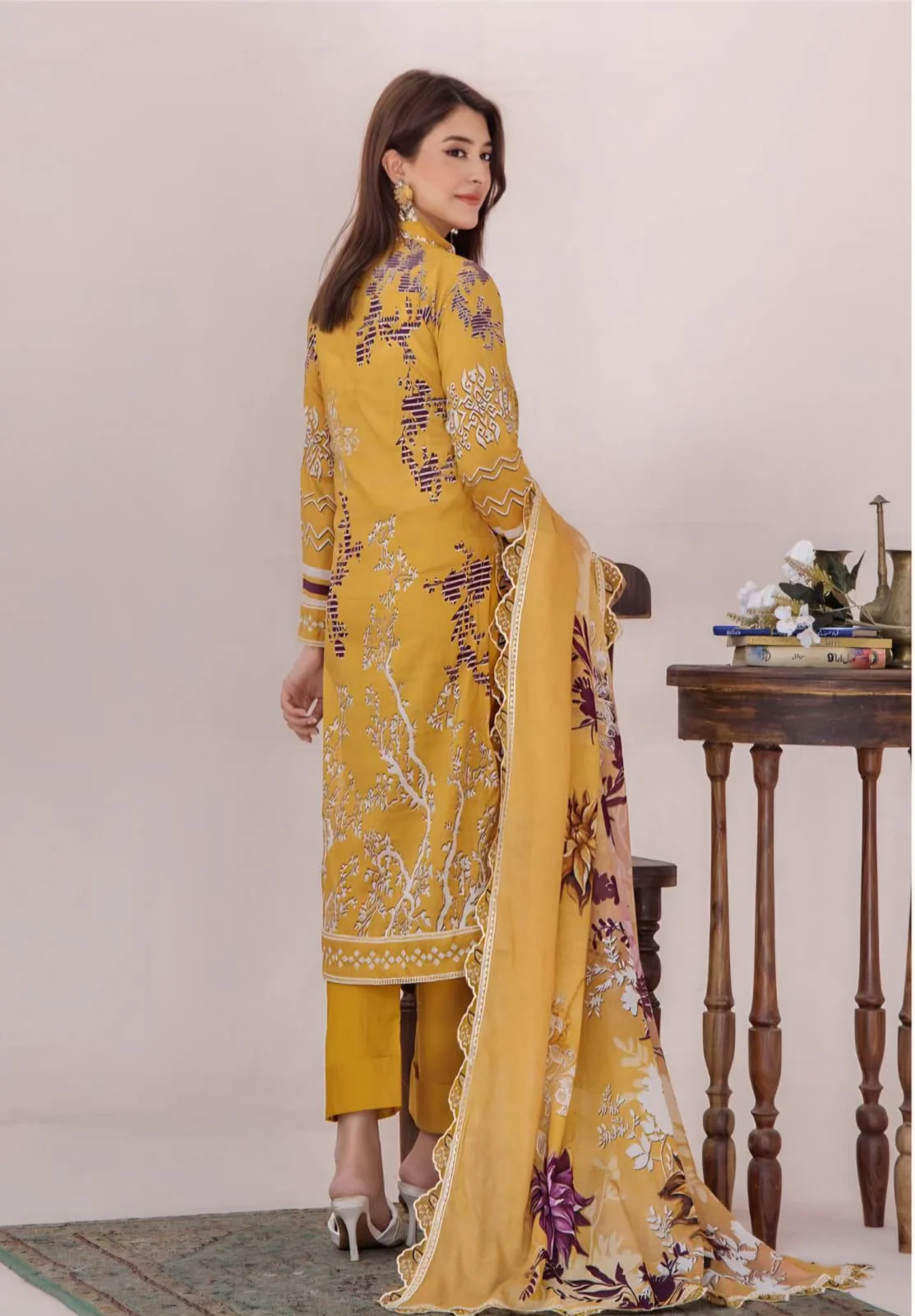 Premium Mustard Yellow Unstitched Lawn 3 Piece Suit - Luxury Embroidered Border Dress with Scalloped Cotton Voile Plum Floral Dupatta