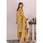 Premium Mustard Yellow Unstitched Lawn 3 Piece Suit - Luxury Embroidered Border Dress with Scalloped Cotton Voile Plum Floral Dupatta