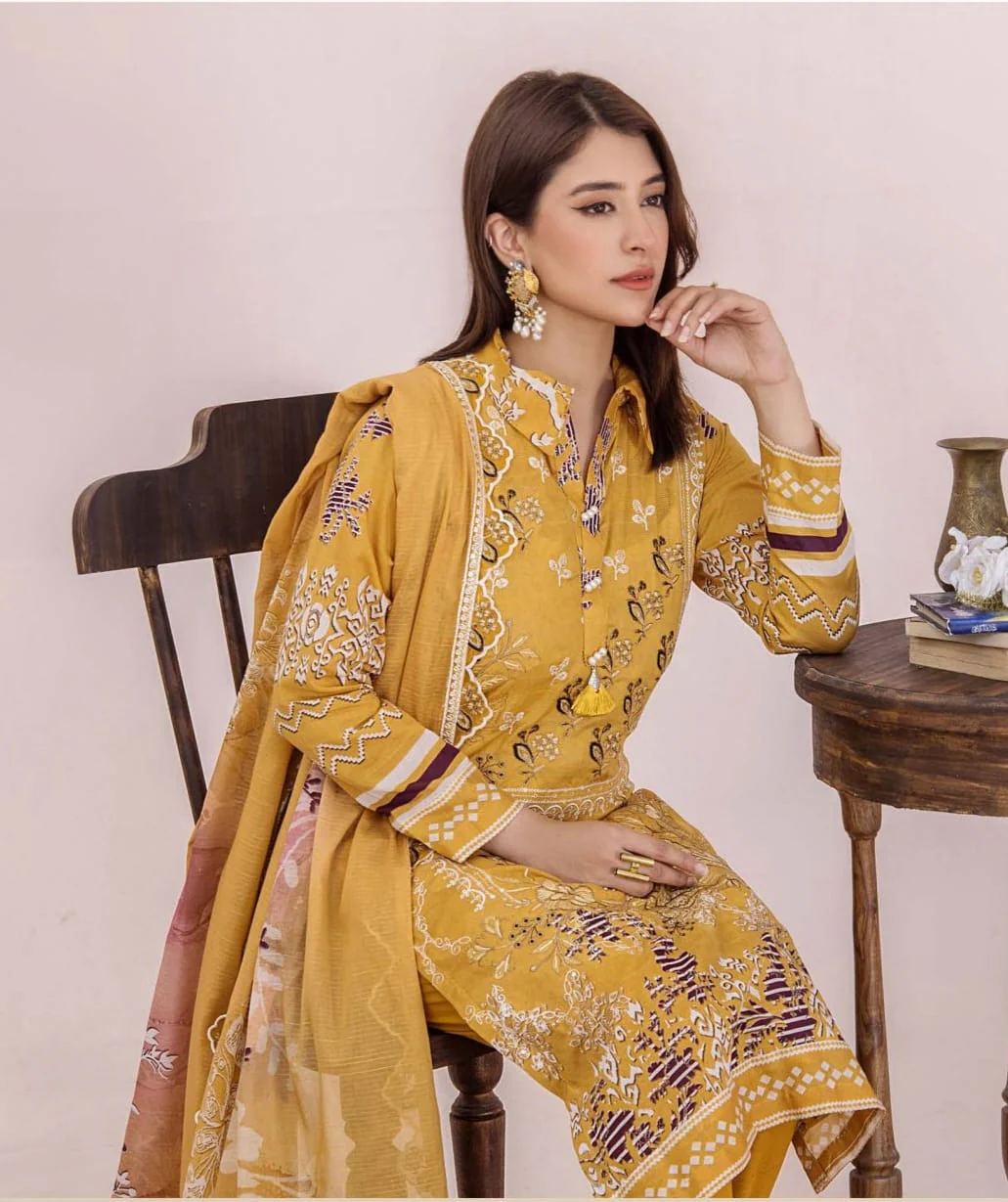 Premium Mustard Yellow Unstitched Lawn 3 Piece Suit - Luxury Embroidered Border Dress with Scalloped Cotton Voile Plum Floral Dupatta