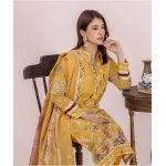 Premium Mustard Yellow Unstitched Lawn 3 Piece Suit - Luxury Embroidered Border Dress with Scalloped Cotton Voile Plum Floral Dupatta