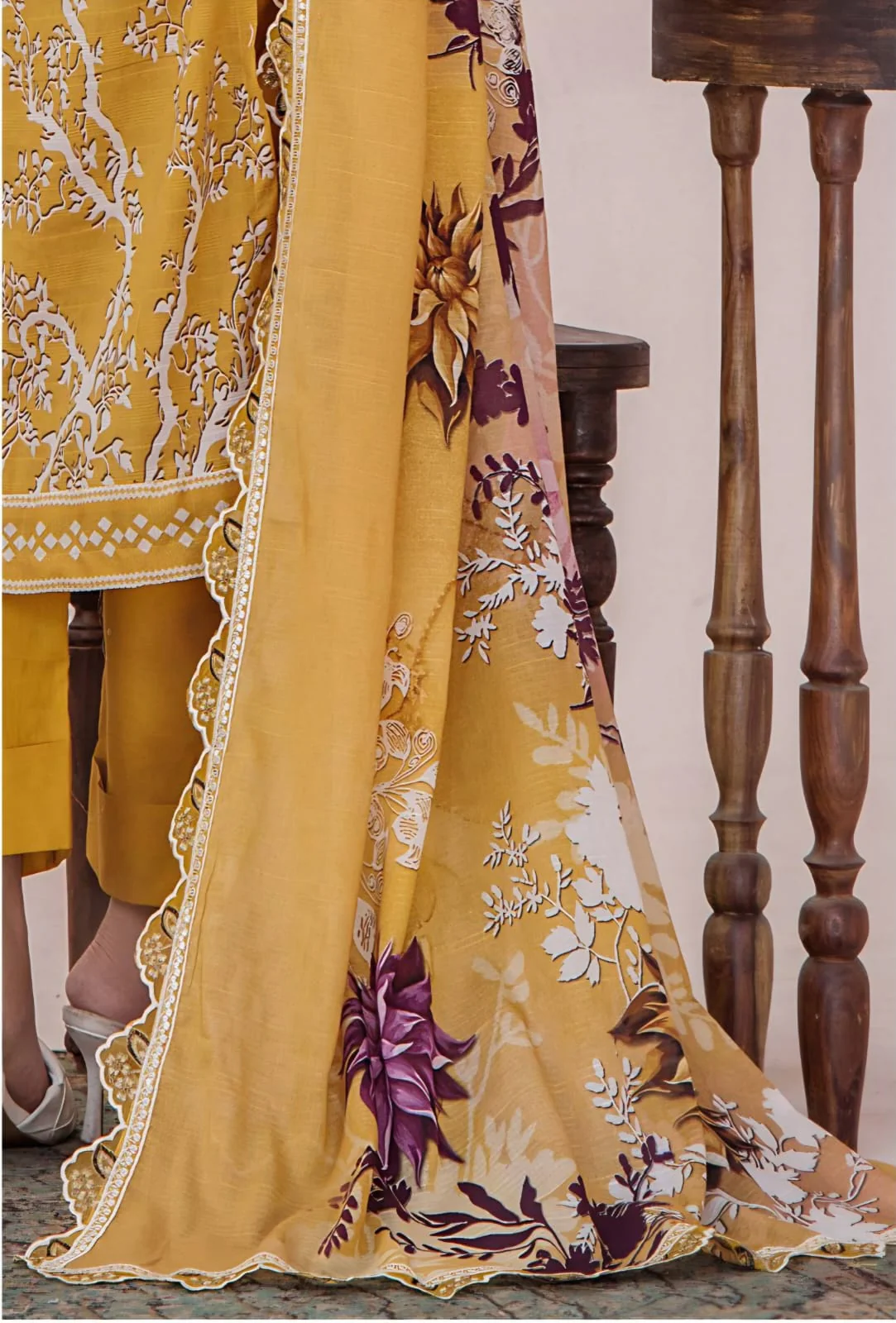 Premium Mustard Yellow Unstitched Lawn 3 Piece Suit - Luxury Embroidered Border Dress with Scalloped Cotton Voile Plum Floral Dupatta