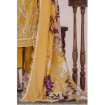 Premium Mustard Yellow Unstitched Lawn 3 Piece Suit - Luxury Embroidered Border Dress with Scalloped Cotton Voile Plum Floral Dupatta