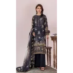 Premium Charcoal Black Unstitched Lawn 3 Piece Suit - Luxury Embroidered Neckline Dress with Scalloped Border Gold Leaf Printed Voile Dupatta