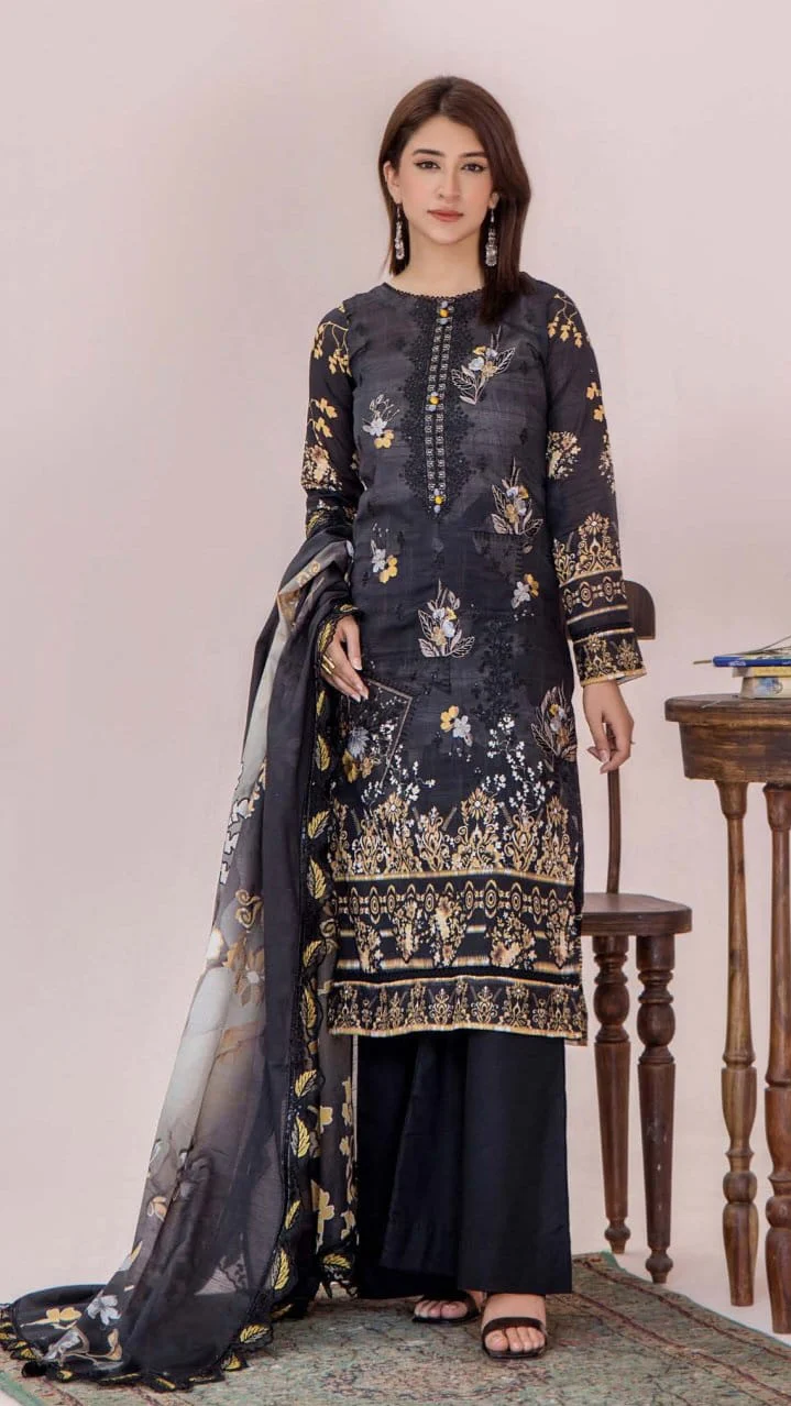 Premium Charcoal Black Unstitched Lawn 3 Piece Suit - Luxury Embroidered Neckline Dress with Scalloped Border Gold Leaf Printed Voile Dupatta