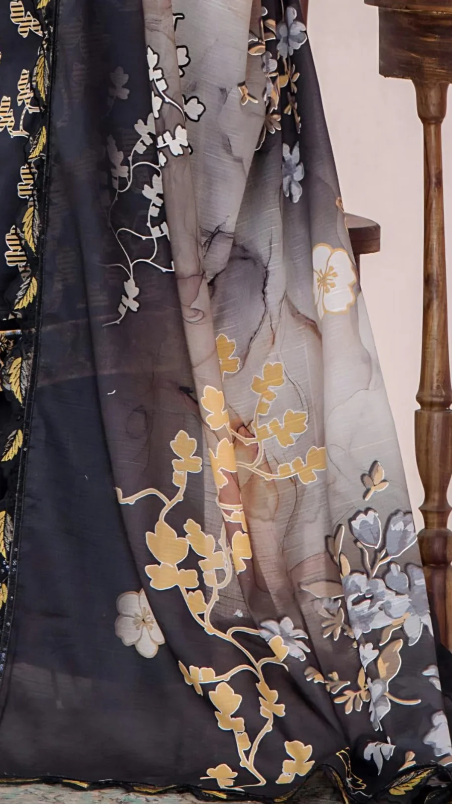 Premium Charcoal Black Unstitched Lawn 3 Piece Suit - Luxury Embroidered Neckline Dress with Scalloped Border Gold Leaf Printed Voile Dupatta
