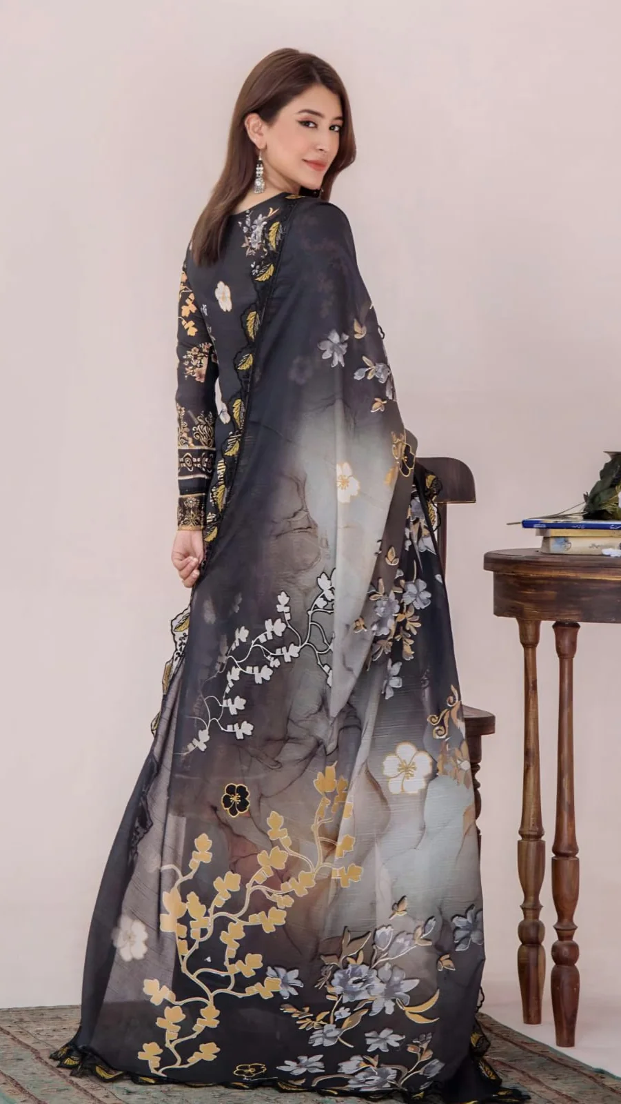 Premium Charcoal Black Unstitched Lawn 3 Piece Suit - Luxury Embroidered Neckline Dress with Scalloped Border Gold Leaf Printed Voile Dupatta