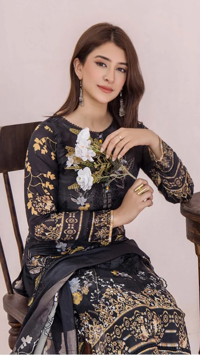 Premium Charcoal Black Unstitched Lawn 3 Piece Suit - Luxury Embroidered Neckline Dress with Scalloped Border Gold Leaf Printed Voile Dupatta