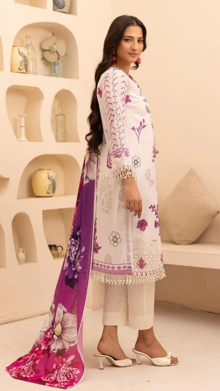 Premium Off White Embroidered Lawn 3 Pc Suit - Luxury Unstitched Summer Dress with Magenta Floral Printed Dupatta & Heavy Cutwork Borders