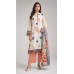 Premium Off White & Peach Printed Lawn 3 Pc Suit - Traditional Floral Unstitched Summer Dress with Multi Color Botanical Chiffon Dupatta