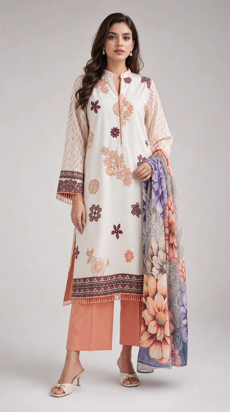 Premium Off White & Peach Printed Lawn 3 Pc Suit - Traditional Floral Unstitched Summer Dress with Multi Color Botanical Chiffon Dupatta