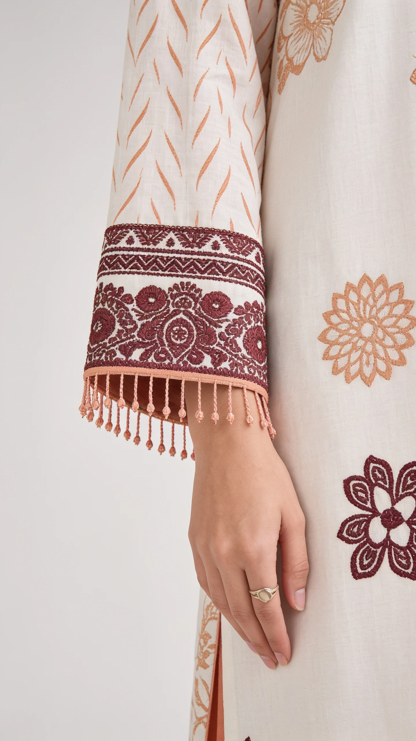 Premium Off White & Peach Printed Lawn 3 Pc Suit - Traditional Floral Unstitched Summer Dress with Multi Color Botanical Chiffon Dupatta