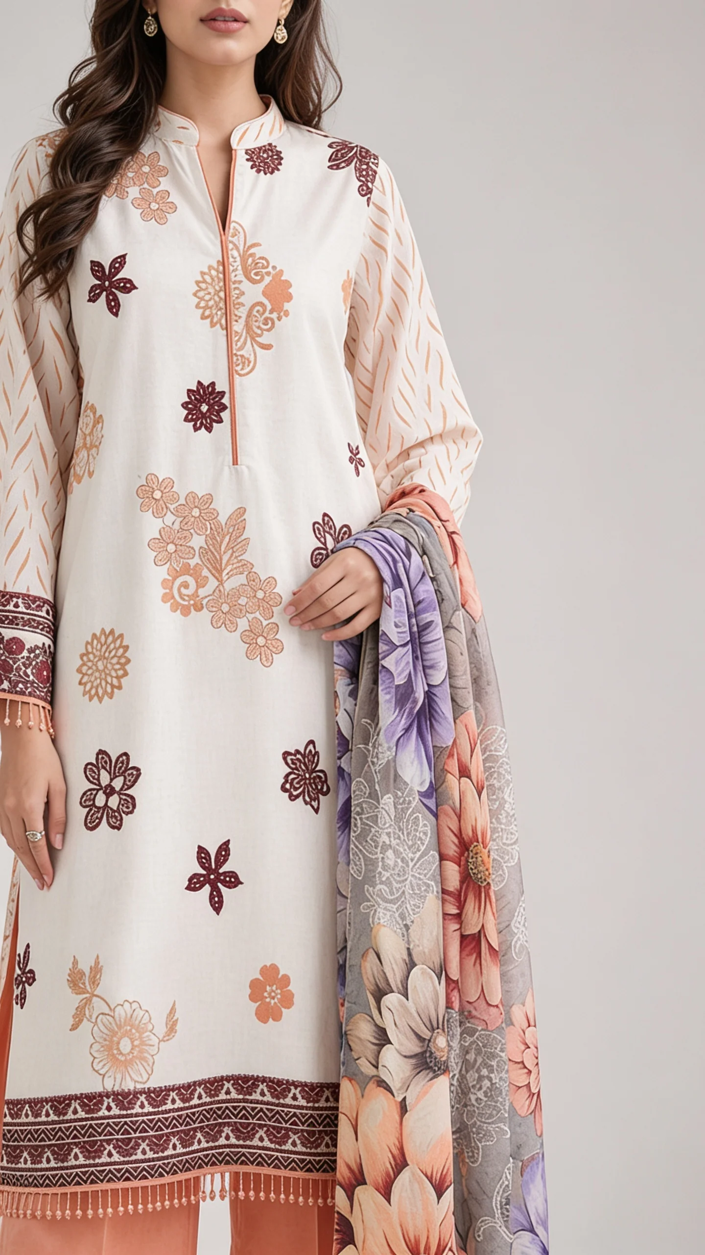 Premium Off White & Peach Printed Lawn 3 Pc Suit - Traditional Floral Unstitched Summer Dress with Multi Color Botanical Chiffon Dupatta