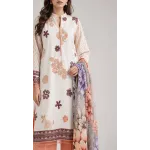 Premium Off White & Peach Printed Lawn 3 Pc Suit - Traditional Floral Unstitched Summer Dress with Multi Color Botanical Chiffon Dupatta
